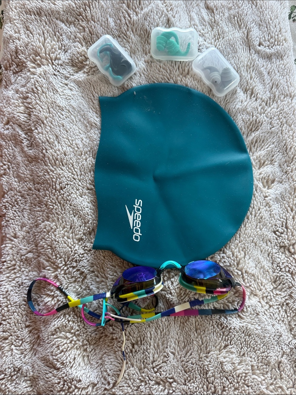 Speedo Teal Swim Cap with Multicolor Mirrored Goggles